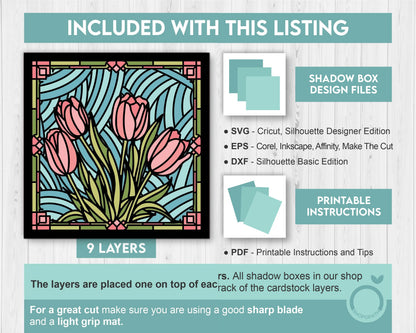 Tulip Flowers Stained Glass - 3D Shadow Box Layered SVG DXF EPS (Cutting Files)