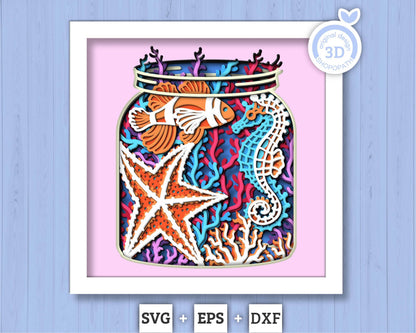 3D Sea Shadow Box SVG, Aquarium Jar Shadow Box, Clown Fish Starfish Seahorse 3D Svg, Sea Creatures 3d Svg, Nautical svg, Cricut Silhouette