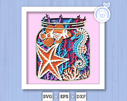 3D Sea Shadow Box SVG, Aquarium Jar Shadow Box, Clown Fish Starfish Seahorse 3D Svg, Sea Creatures 3d Svg, Nautical svg, Cricut Silhouette