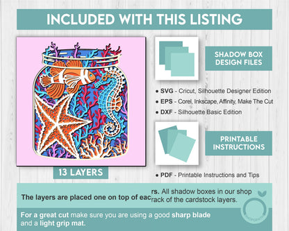 3D Sea Shadow Box SVG, Aquarium Jar Shadow Box, Clown Fish Starfish Seahorse 3D Svg, Sea Creatures 3d Svg, Nautical svg, Cricut Silhouette