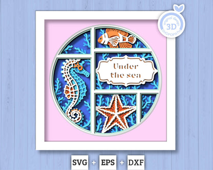 3D Sea Shadow Box SVG, 3D Aquarium Shadow Box, Starfish, Seahorse, Clown Fish 3D Svg, Sea Creatures 3d Svg, Nautical svg, Cricut Silhouette