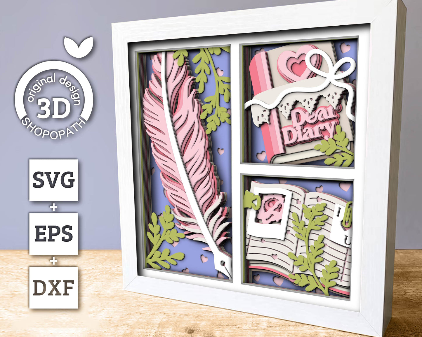 Valentine's Day Diary with Feather - 3D Shadow Box Layered SVG DXF EPS (Cutting Files)