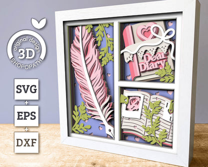 Valentine's Day Diary with Feather - 3D Shadow Box Layered SVG DXF EPS (Cutting Files)