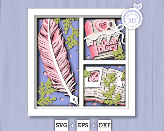 Valentine's Day Diary with Feather - 3D Shadow Box Layered SVG DXF EPS (Cutting Files)