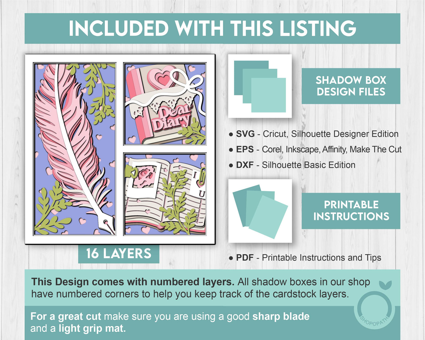 Valentine's Day Diary with Feather - 3D Shadow Box Layered SVG DXF EPS (Cutting Files)