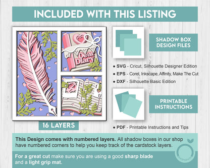 Valentine's Day Diary with Feather - 3D Shadow Box Layered SVG DXF EPS (Cutting Files)