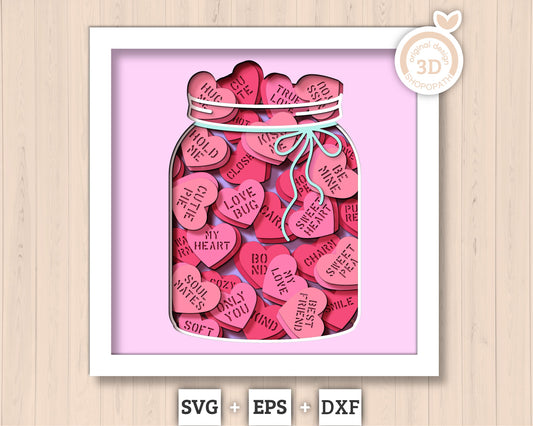 3D SVG Valentine Hearts Jar Shadow Box, Valentine's Day 3D SVG, Love 3D Svg, Romantic Shadow Box 3D, Candy Hearts 3D SVG, Silhouette Cricut