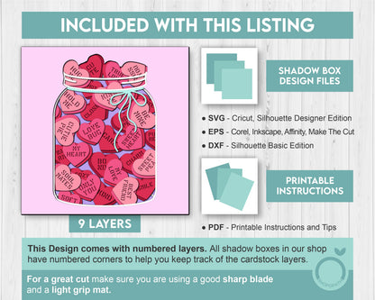 3D SVG Valentine Hearts Jar Shadow Box, Valentine's Day 3D SVG, Love 3D Svg, Romantic Shadow Box 3D, Candy Hearts 3D SVG, Silhouette Cricut