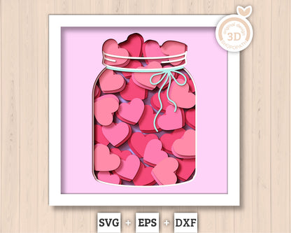 3D SVG Valentine Hearts Jar Shadow Box, Valentine's Day 3D SVG, Love 3D Svg, Romantic Shadow Box 3D, Candy Hearts 3D SVG, Silhouette Cricut
