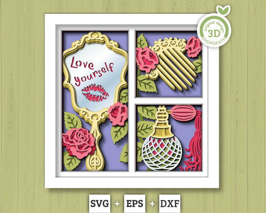 Valentine's Day Mirror and Perfume - 3D Shadow Box Layered SVG DXF EPS (Cutting Files)