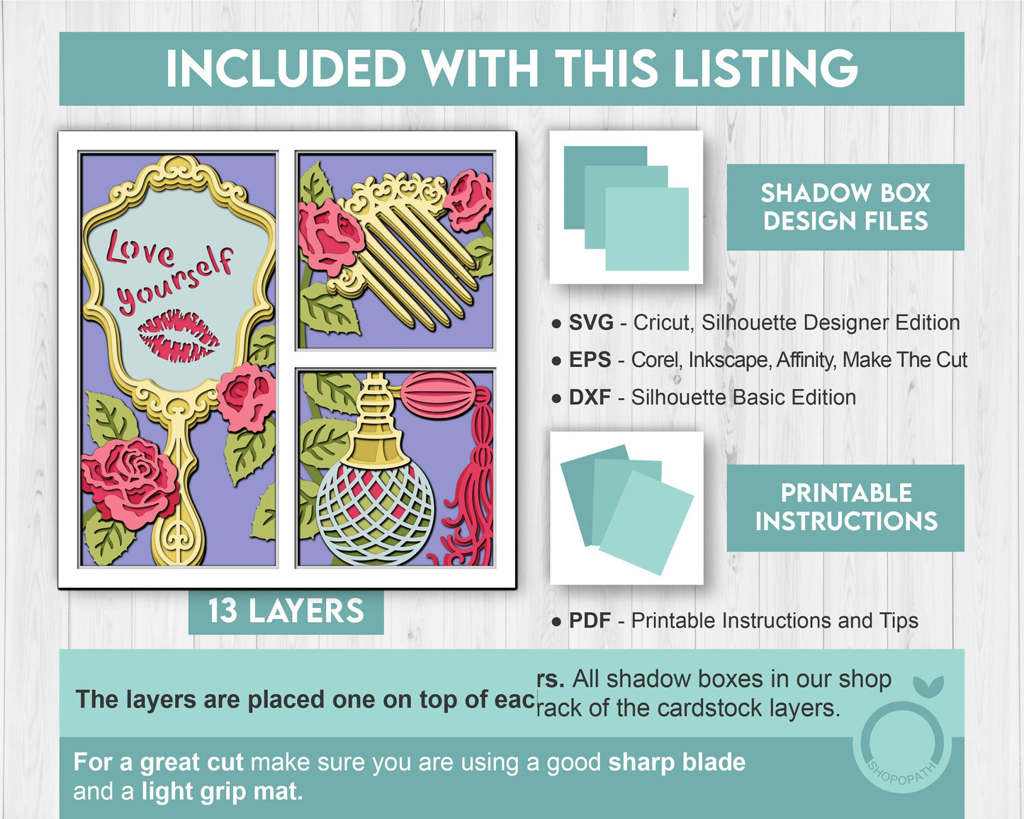 Valentine's Day Mirror and Perfume - 3D Shadow Box Layered SVG DXF EPS (Cutting Files)