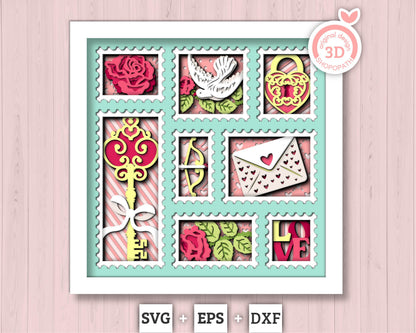 Valentine's Day Love Stamps - 3D Shadow Box Layered SVG DXF EPS (Cutting Files)
