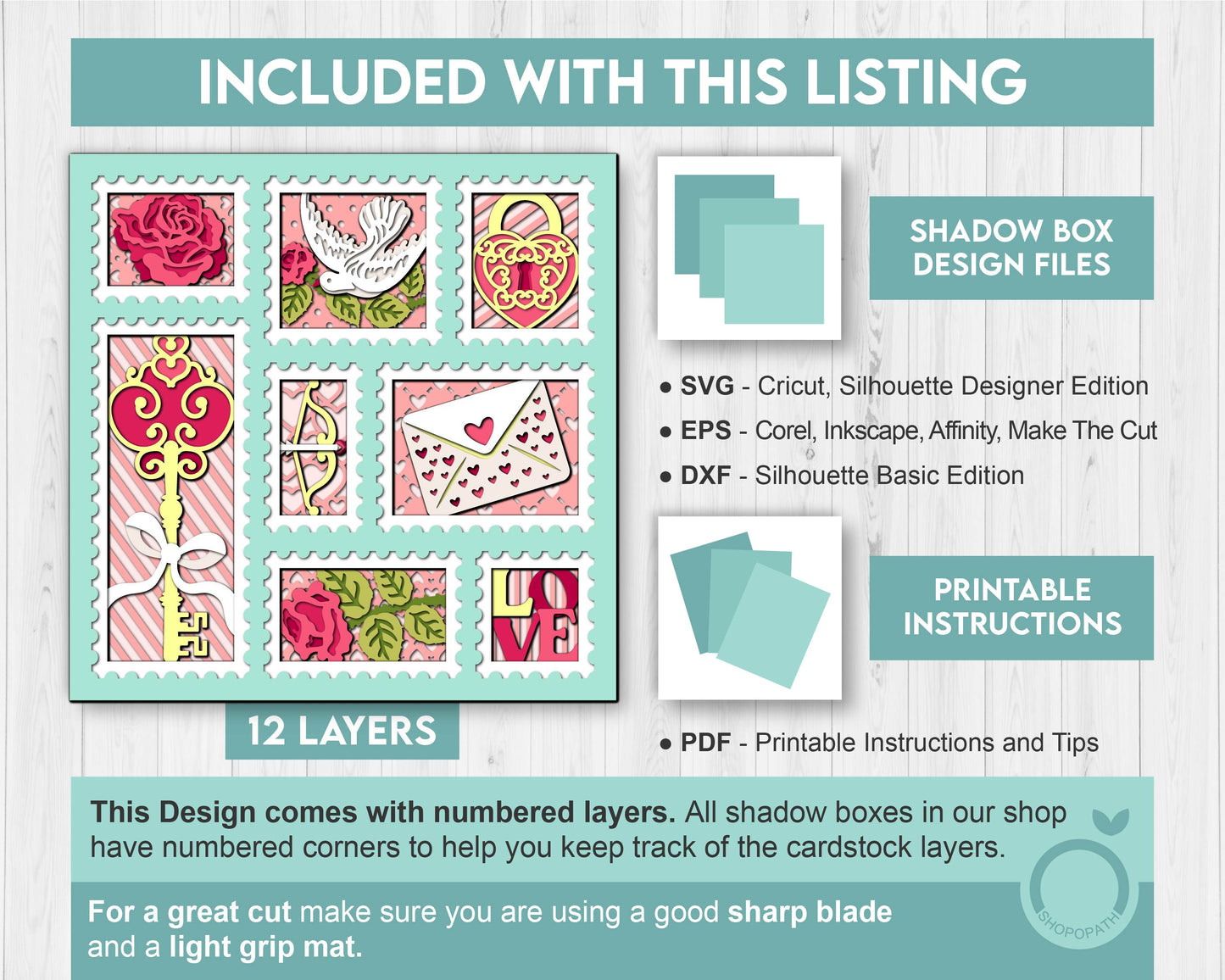 Valentine's Day Love Stamps - 3D Shadow Box Layered SVG DXF EPS (Cutting Files)