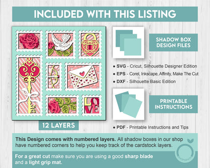 Valentine's Day Love Stamps - 3D Shadow Box Layered SVG DXF EPS (Cutting Files)