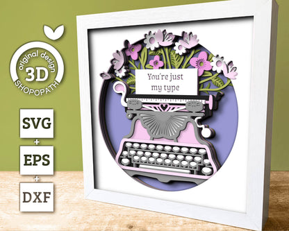 Valentine's Day Typewritter with Label - 3D Shadow Box Layered SVG DXF EPS (Cutting Files)