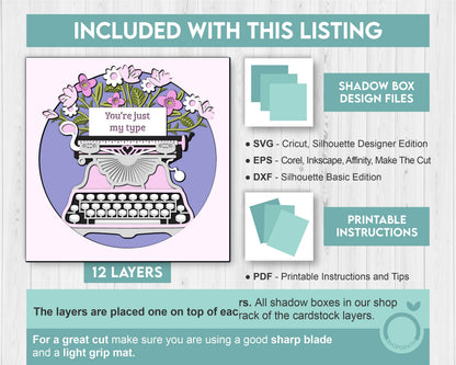 Valentine's Day Typewritter with Label - 3D Shadow Box Layered SVG DXF EPS (Cutting Files)