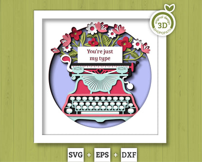Valentine's Day Typewritter with Label - 3D Shadow Box Layered SVG DXF EPS (Cutting Files)