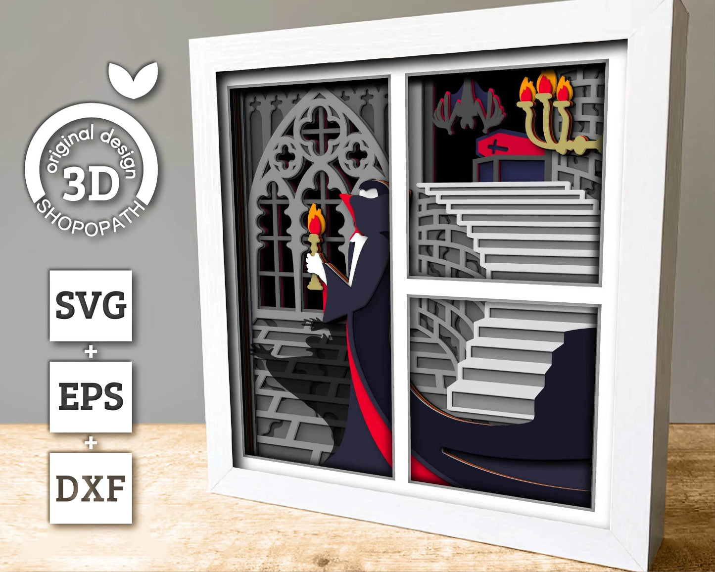 3D SVG Vampire Shadow Box, Layered Ghost Halloween, Panels Haunted Castle 3D Svg, Papercut svg, 3d Halloween Bat Casket, Cricut Silhouette