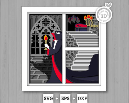 3D SVG Vampire Shadow Box, Layered Ghost Halloween, Panels Haunted Castle 3D Svg, Papercut svg, 3d Halloween Bat Casket, Cricut Silhouette