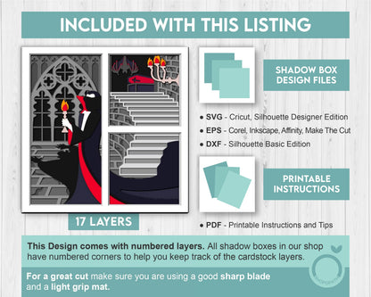 3D SVG Vampire Shadow Box, Layered Ghost Halloween, Panels Haunted Castle 3D Svg, Papercut svg, 3d Halloween Bat Casket, Cricut Silhouette