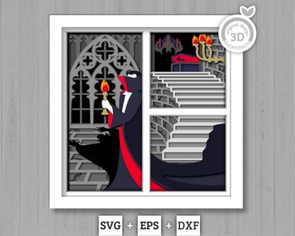 3D SVG Vampire Shadow Box, Layered Ghost Halloween, Panels Haunted Castle 3D Svg, Papercut svg, 3d Halloween Bat Casket, Cricut Silhouette