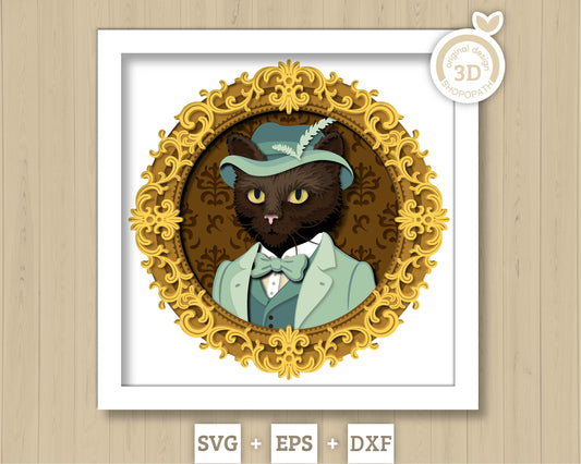 Victorian Male Cat Portrait - 3D Shadow Box Layered SVG DXF EPS (Cutting Files)