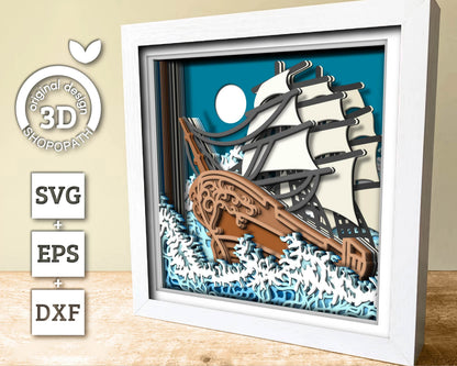 3D SVG Sailing Ship Shadow Box, Ship 3D Svg, Beach 3d Svg, Sea 3D svg, Summer 3d Svg, Sailboat 3d svg, 3D SVG Boat Cricut Silhouette