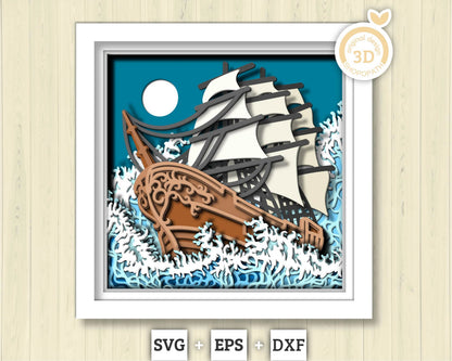 3D SVG Sailing Ship Shadow Box, Ship 3D Svg, Beach 3d Svg, Sea 3D svg, Summer 3d Svg, Sailboat 3d svg, 3D SVG Boat Cricut Silhouette