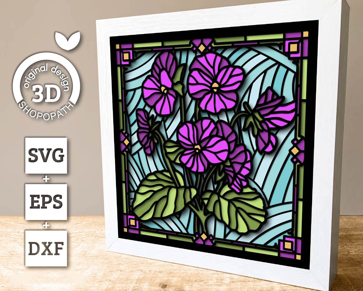3D SVG Stained Glass Violet Flowers Shadow Box, 3D Flowers svg, 3D Floral Stained Glass Papercut, Violets Shadow Box svg, Cricut Silhouette