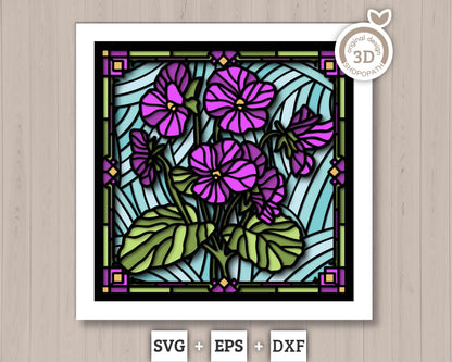 3D SVG Stained Glass Violet Flowers Shadow Box, 3D Flowers svg, 3D Floral Stained Glass Papercut, Violets Shadow Box svg, Cricut Silhouette
