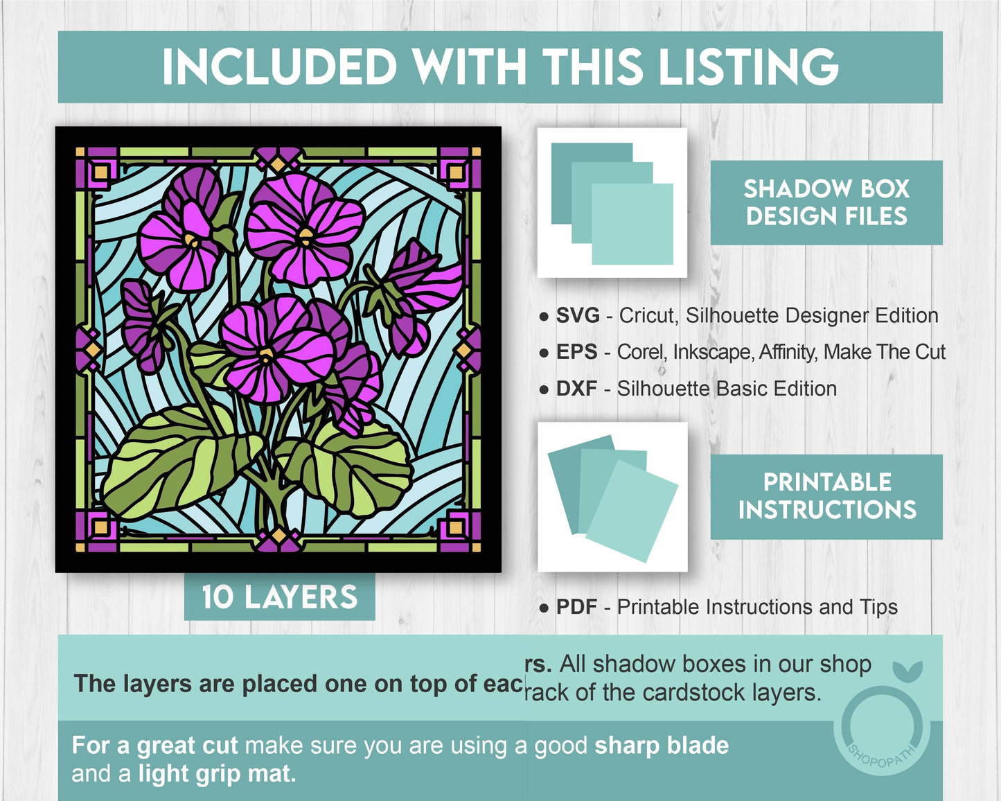 3D SVG Stained Glass Violet Flowers Shadow Box, 3D Flowers svg, 3D Floral Stained Glass Papercut, Violets Shadow Box svg, Cricut Silhouette