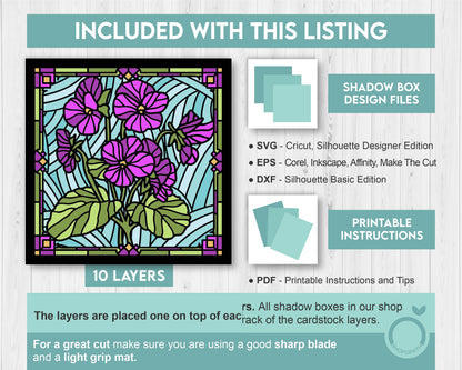 3D SVG Stained Glass Violet Flowers Shadow Box, 3D Flowers svg, 3D Floral Stained Glass Papercut, Violets Shadow Box svg, Cricut Silhouette