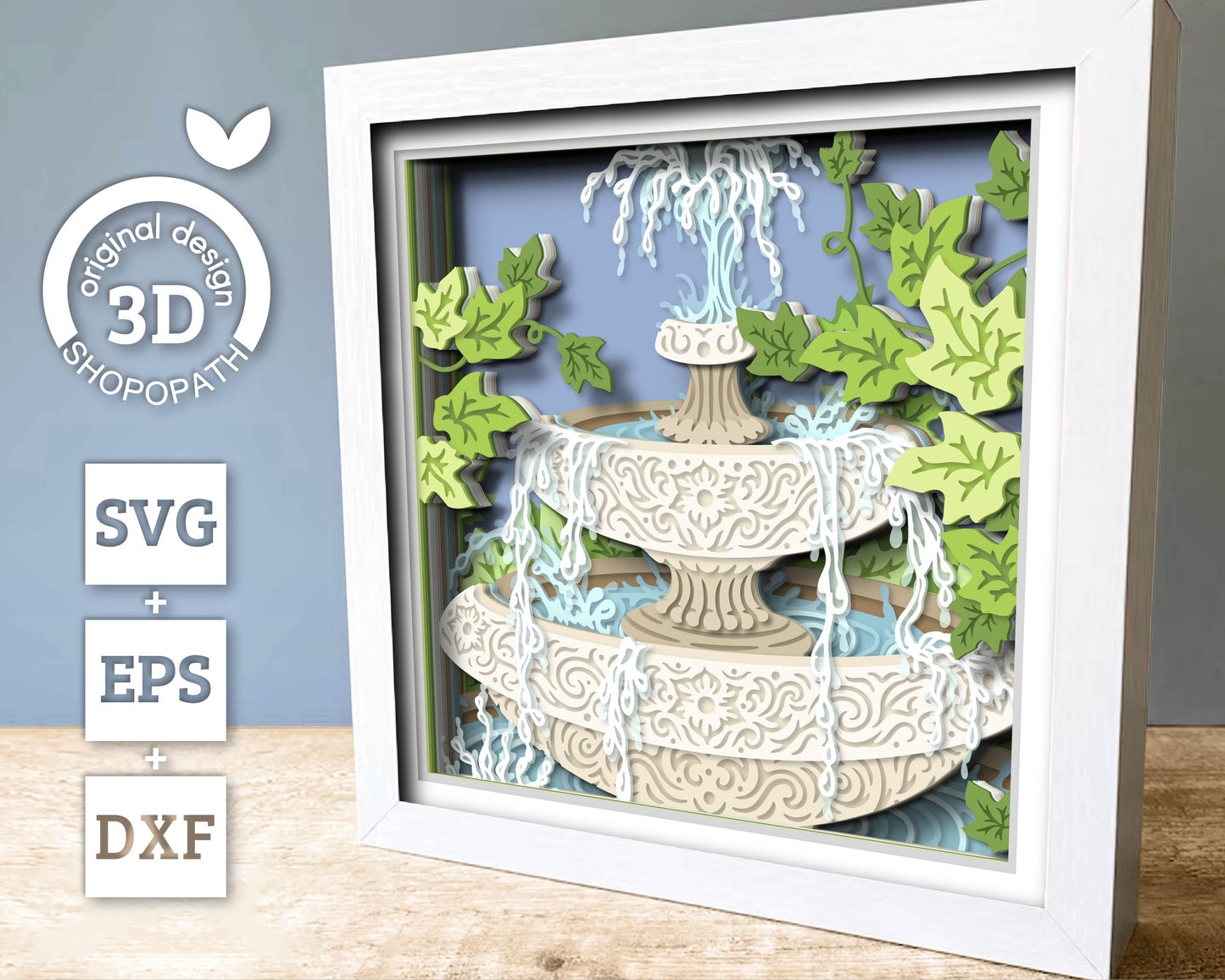 Water Fountain with Ivy Leaves - 3D Shadow Box Layered SVG DXF EPS (Cutting Files)