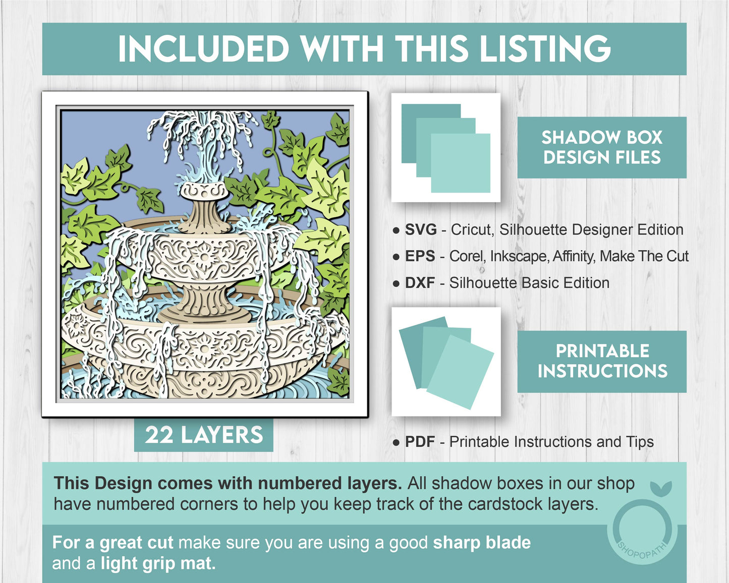 Water Fountain with Ivy Leaves - 3D Shadow Box Layered SVG DXF EPS (Cutting Files)