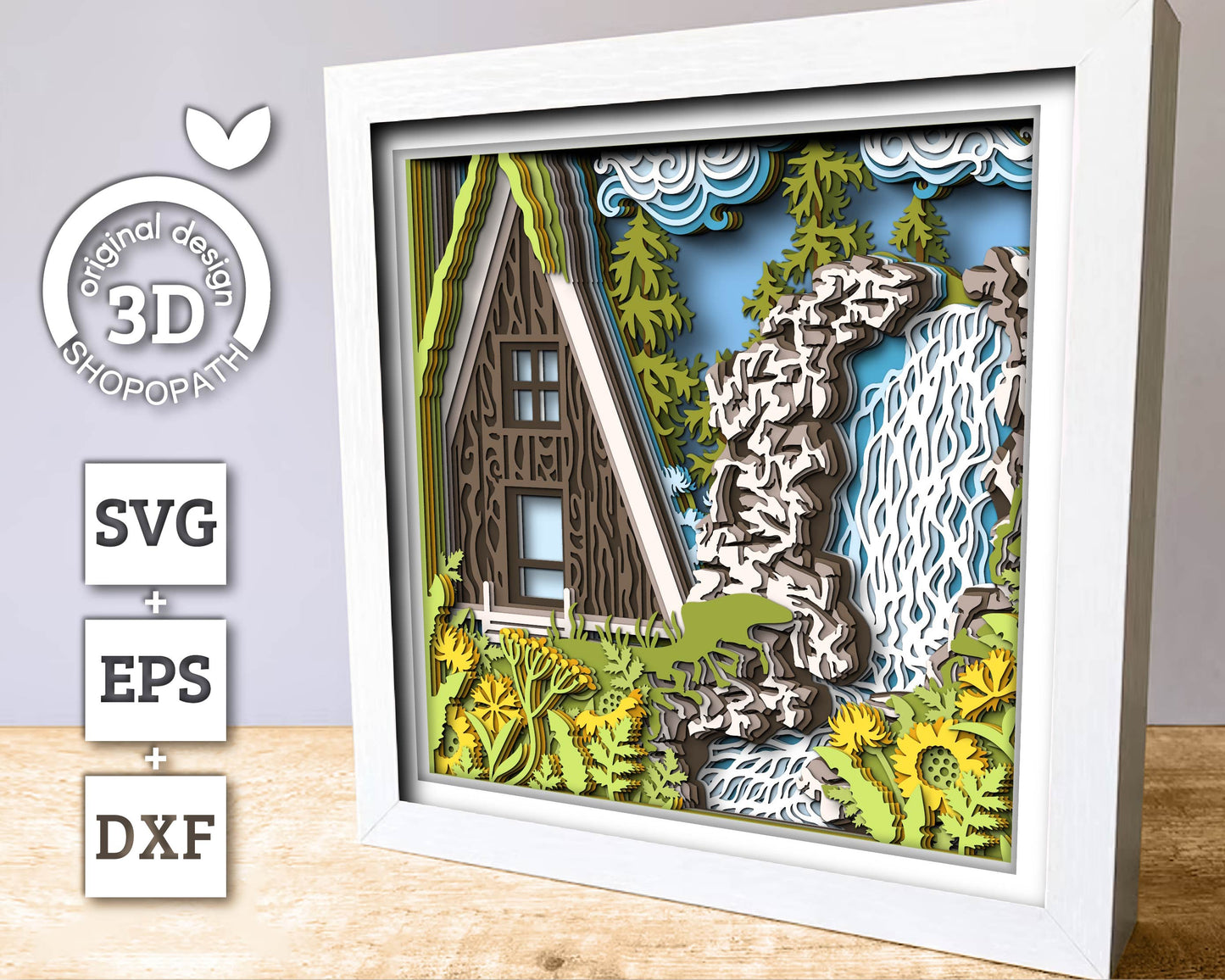 3D SVG Waterfall With Cabin Shadow Box, Layered Cabin SVG, Waterfall SVG, Cabin 3D Svg, Summer Shadow Box, 3D Flowers Svg, Cricut Silhouette