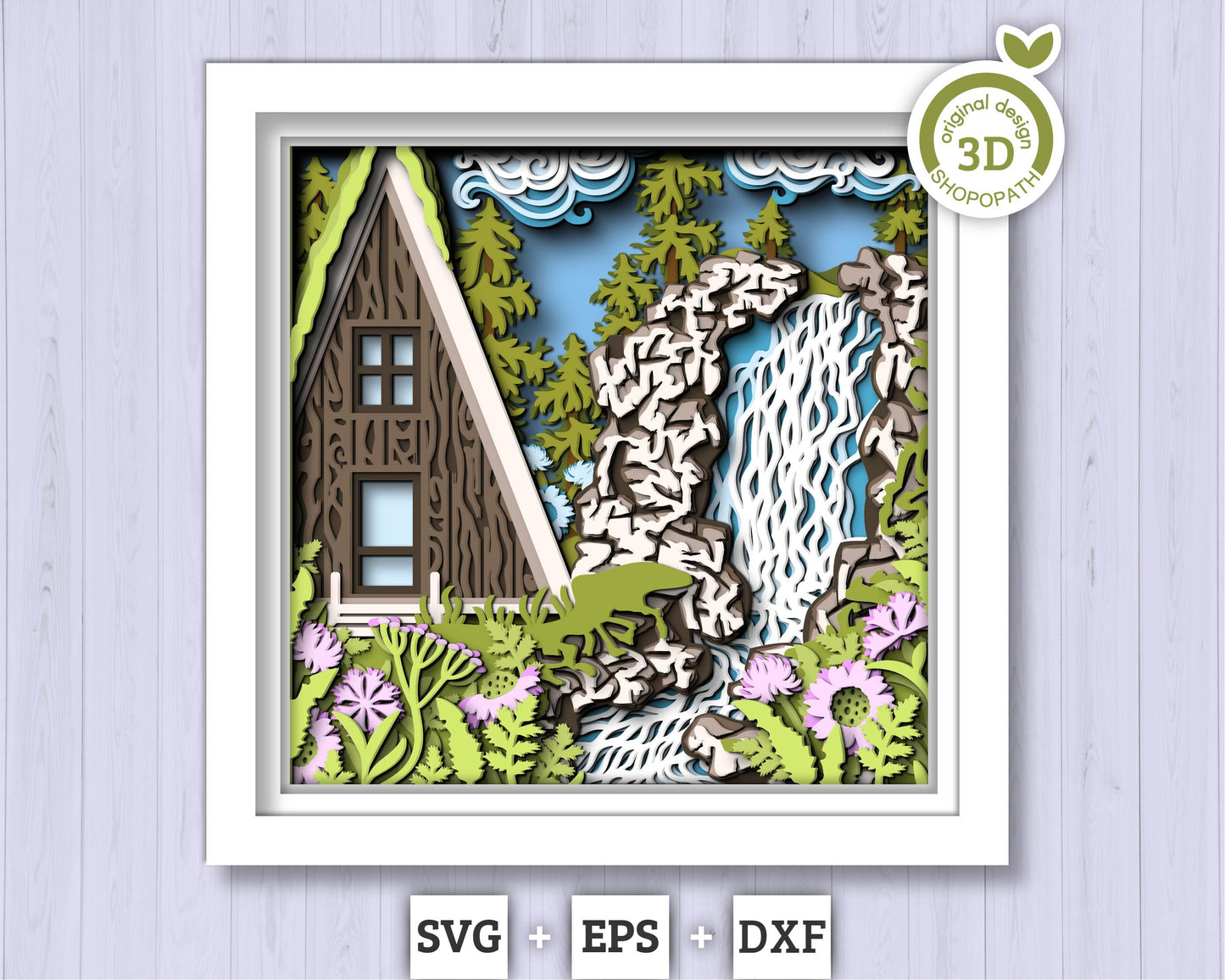 3D SVG Waterfall With Cabin Shadow Box, Layered Cabin SVG, Waterfall SVG, Cabin 3D Svg, Summer Shadow Box, 3D Flowers Svg, Cricut Silhouette