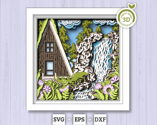 3D SVG Waterfall With Cabin Shadow Box, Layered Cabin SVG, Waterfall SVG, Cabin 3D Svg, Summer Shadow Box, 3D Flowers Svg, Cricut Silhouette