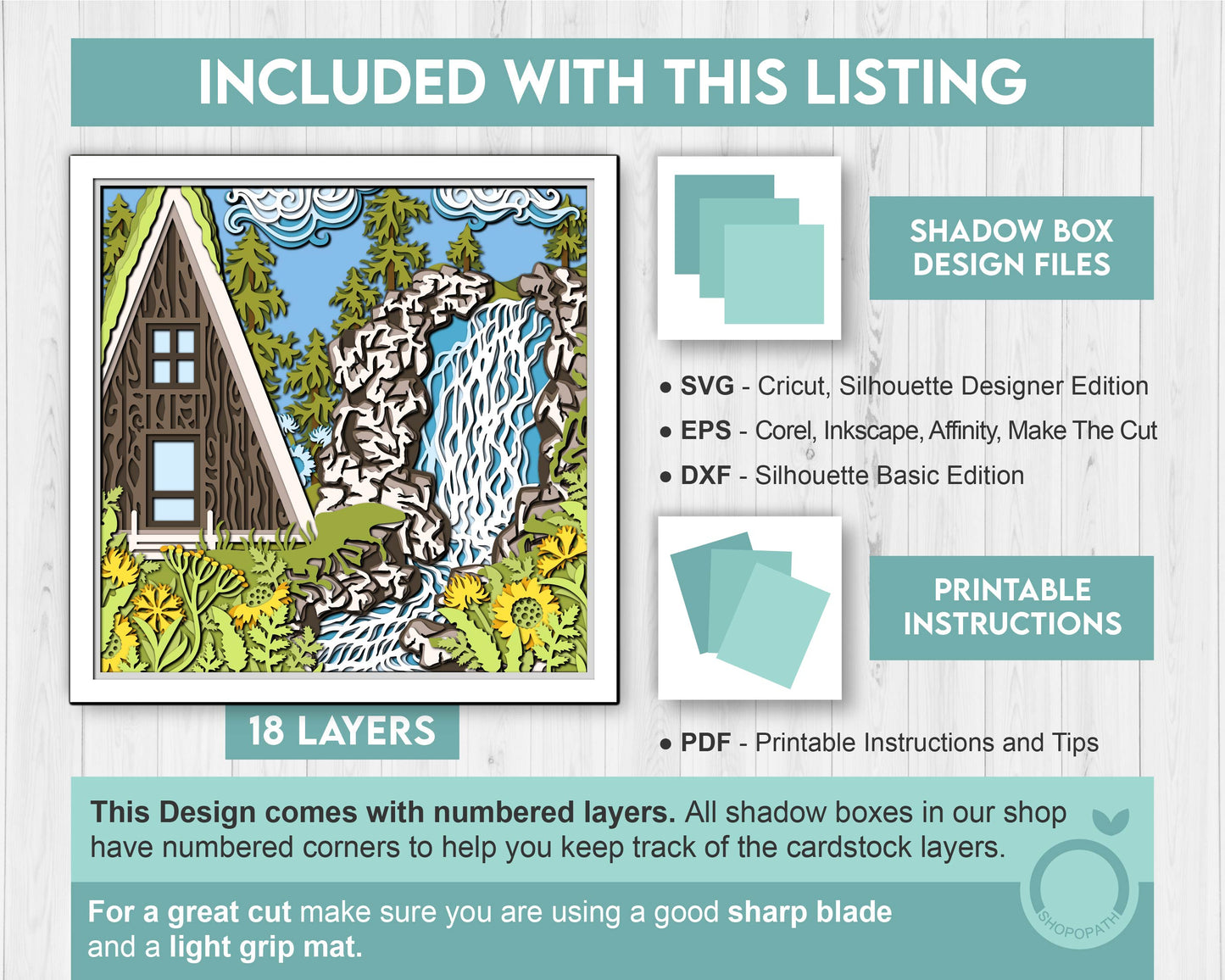 3D SVG Waterfall With Cabin Shadow Box, Layered Cabin SVG, Waterfall SVG, Cabin 3D Svg, Summer Shadow Box, 3D Flowers Svg, Cricut Silhouette