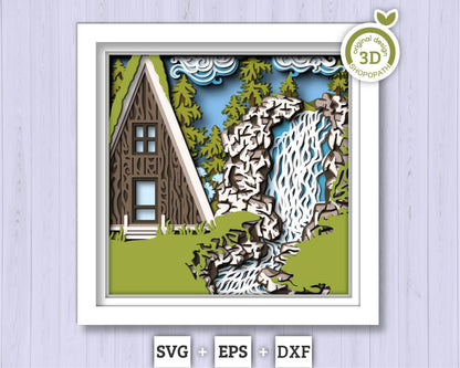 3D SVG Waterfall With Cabin Shadow Box, Layered Cabin SVG, Waterfall SVG, Cabin 3D Svg, Summer Shadow Box, 3D Flowers Svg, Cricut Silhouette