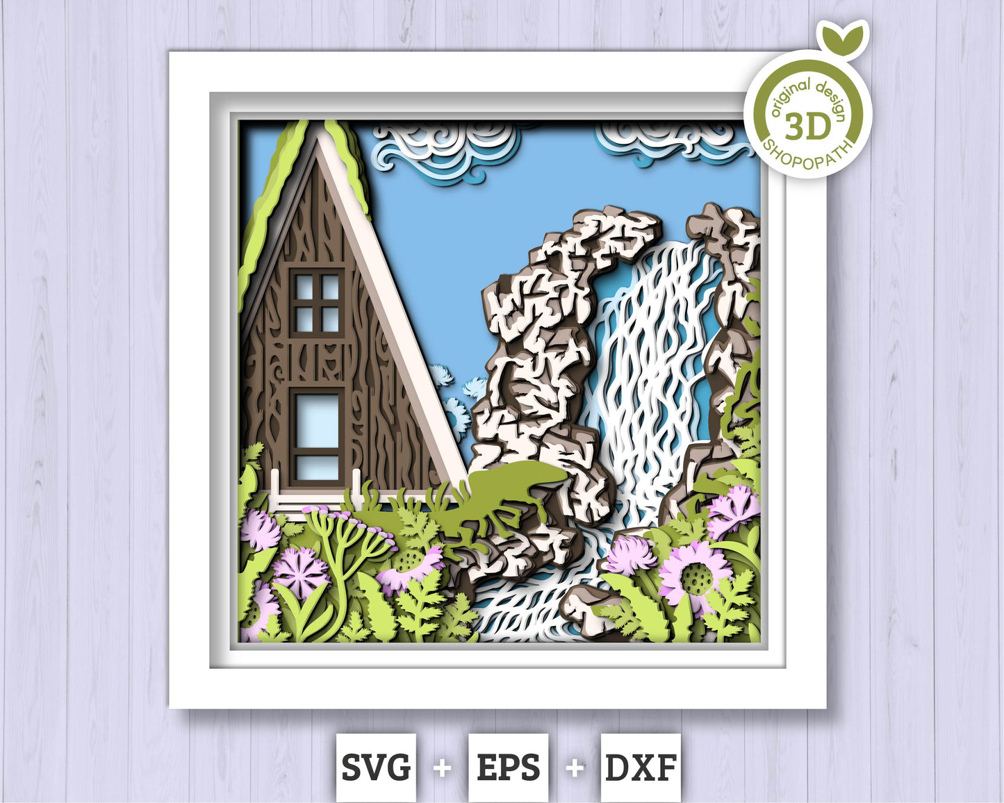 3D SVG Waterfall With Cabin Shadow Box, Layered Cabin SVG, Waterfall SVG, Cabin 3D Svg, Summer Shadow Box, 3D Flowers Svg, Cricut Silhouette