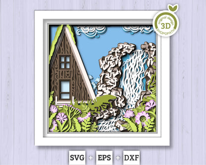 3D SVG Waterfall With Cabin Shadow Box, Layered Cabin SVG, Waterfall SVG, Cabin 3D Svg, Summer Shadow Box, 3D Flowers Svg, Cricut Silhouette