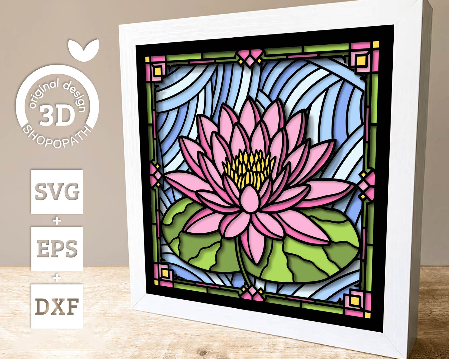 Waterlily Flower Stained Glass Shadow Box 3D SVG, Month Birth Flower Layered Cutting Files DXF EPS for Cricut Silhouette Brother