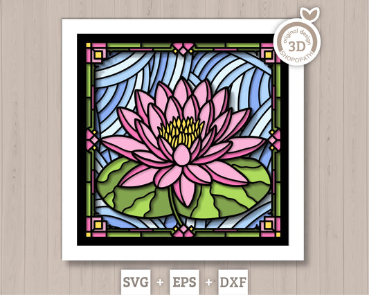 Waterlily Flower Stained Glass Shadow Box 3D SVG, Month Birth Flower Layered Cutting Files DXF EPS for Cricut Silhouette Brother
