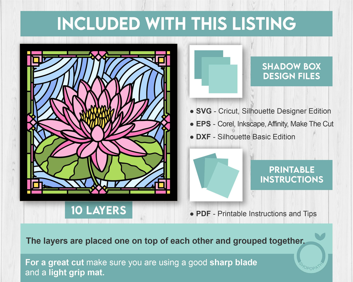 Waterlily Flower Stained Glass Shadow Box 3D SVG, Month Birth Flower Layered Cutting Files DXF EPS for Cricut Silhouette Brother
