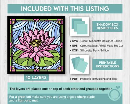 Waterlily Flower Stained Glass Shadow Box 3D SVG, Month Birth Flower Layered Cutting Files DXF EPS for Cricut Silhouette Brother