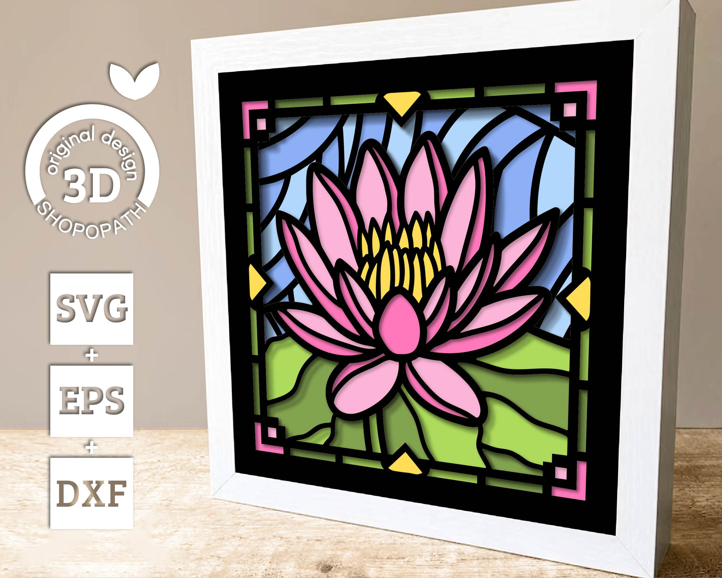 Waterlily Flower Stained Glass Shadow Box 3D SVG for Floating Frame, Birth Month Flower Cutting Files DXF EPS for Cricut Silhouette Brother
