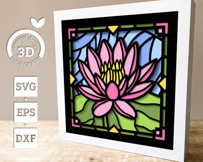 Waterlily Flower Stained Glass Shadow Box 3D SVG for Floating Frame, Birth Month Flower Cutting Files DXF EPS for Cricut Silhouette Brother