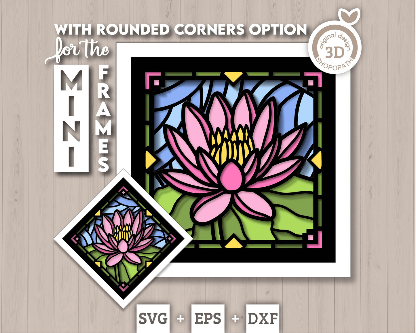 Waterlily Flower Stained Glass Shadow Box 3D SVG for Floating Frame, Birth Month Flower Cutting Files DXF EPS for Cricut Silhouette Brother