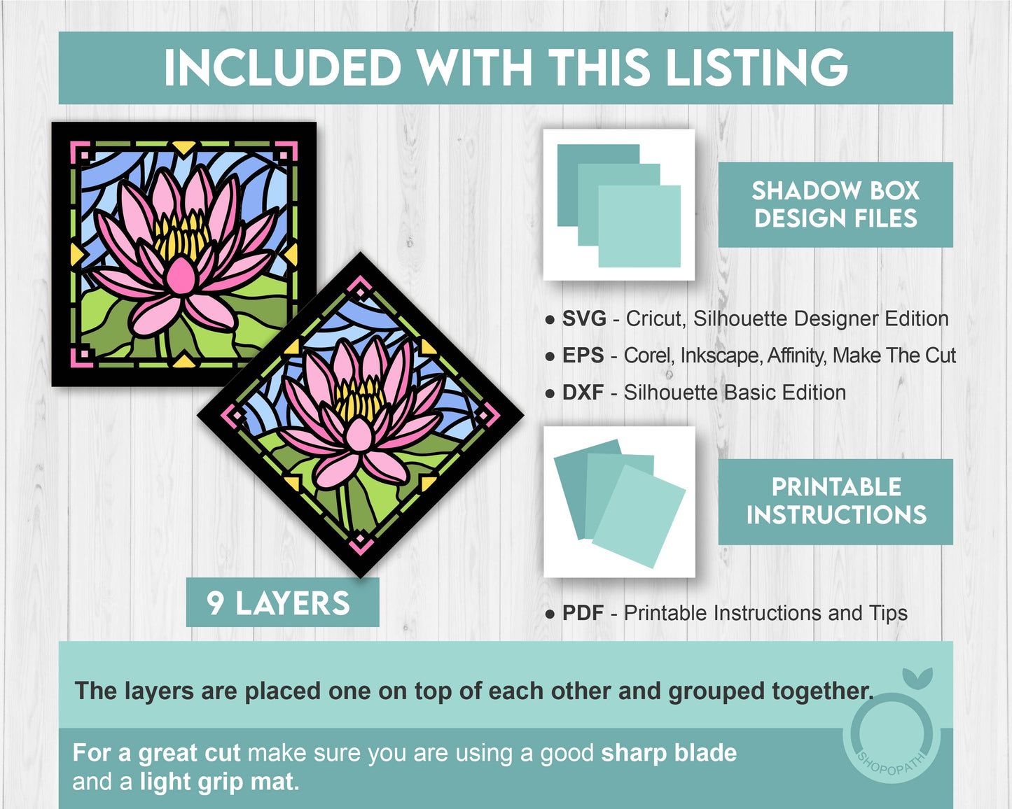 Waterlily Flower Stained Glass Shadow Box 3D SVG for Floating Frame, Birth Month Flower Cutting Files DXF EPS for Cricut Silhouette Brother