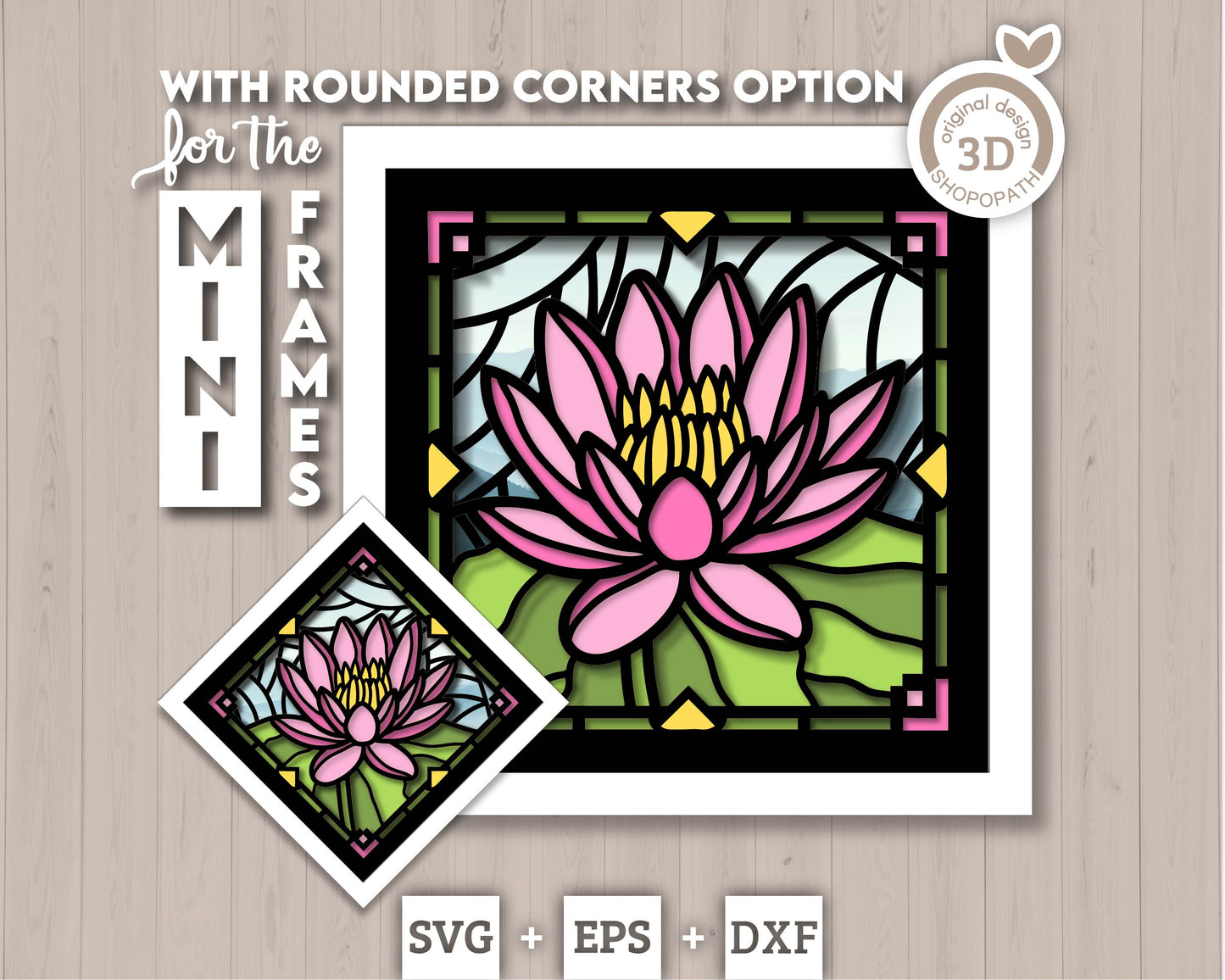 Waterlily Flower Stained Glass Shadow Box 3D SVG for Floating Frame, Birth Month Flower Cutting Files DXF EPS for Cricut Silhouette Brother